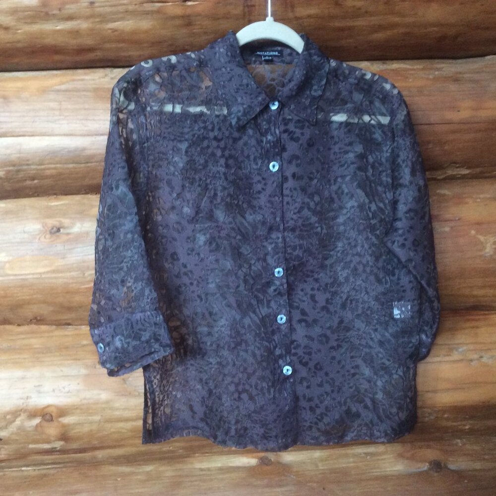 Notations Linen Blend Whimsigoth Mesh Floral Semi Sheer Button Up Top Size Small